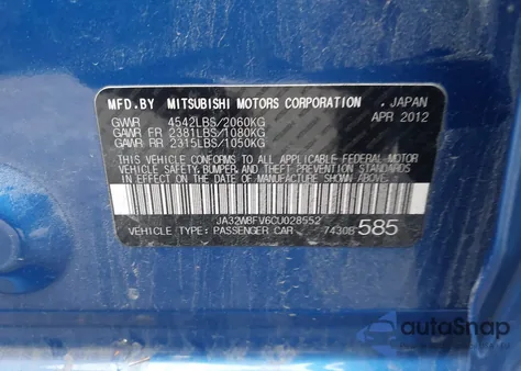 2012 Mitsubishi Lancer Evolution Gsr из США, поврежденный, VIN JA32W8FV6CU028552